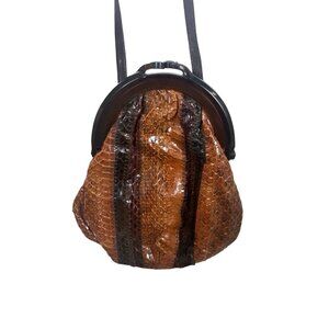 Vintage 40s Women's Brown Snake Skin Crossbody Shoulder Bakelite Closure Bag